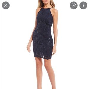 Jump Apparel Navy Blue Lace Embellished Sequin Sheath Stretch Cocktail Dress